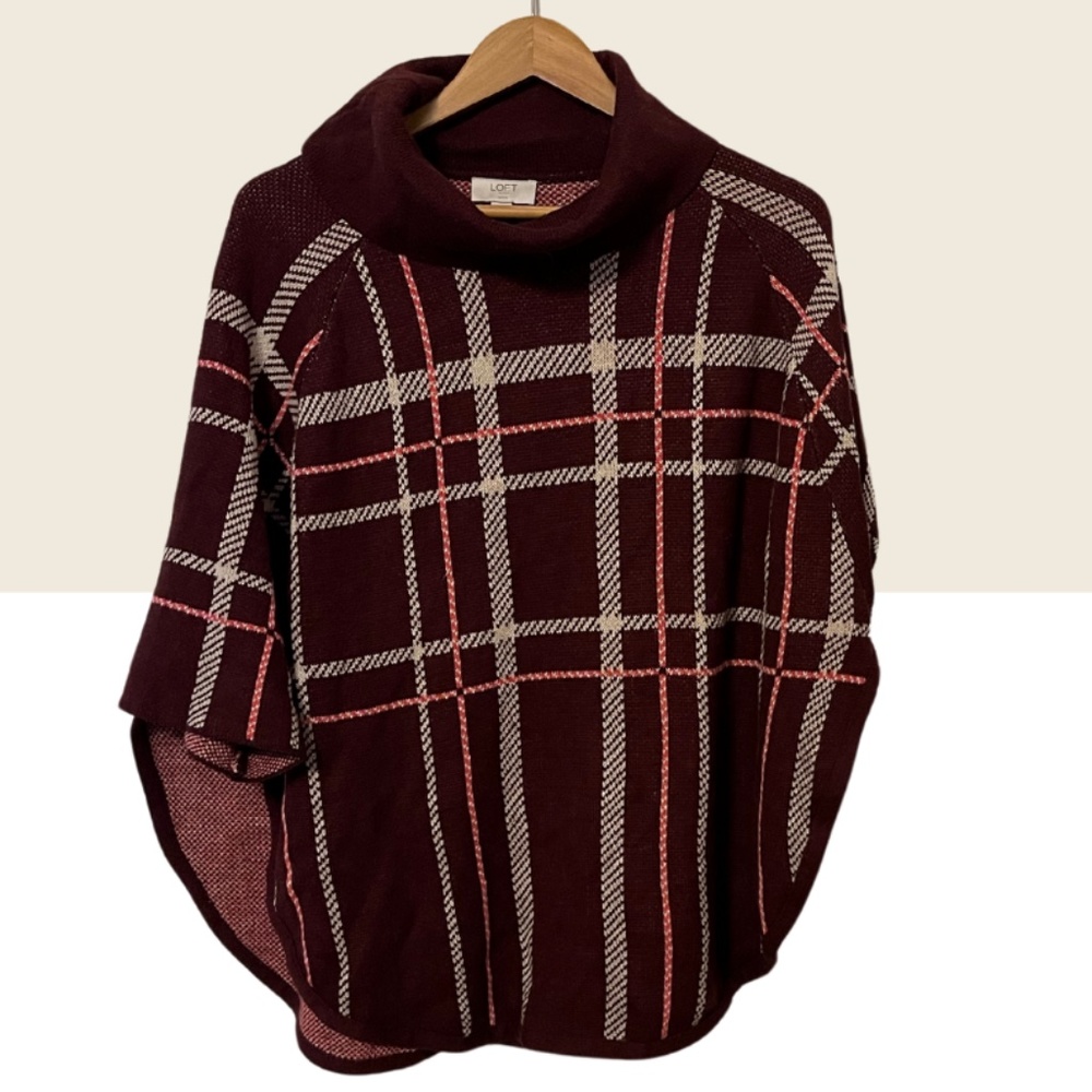 LOFT Plaid Knitted Cowl Neck Sweater Poncho, Maroon, Pink, and Cream, Size M/L